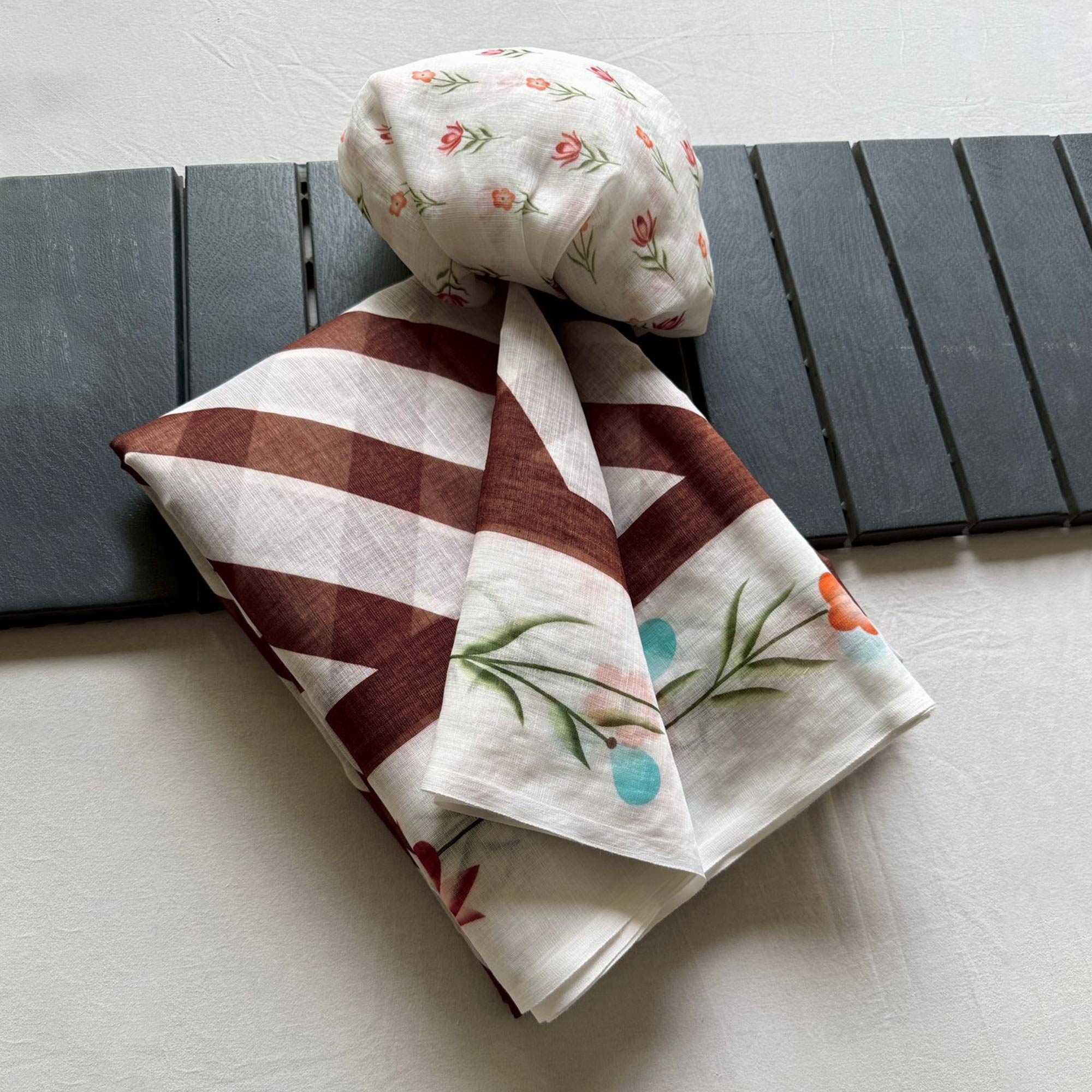 Stylish Brown Digital Striped Printed Linen Saree With Delicate Floral Designs