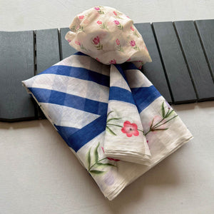 Stylish Navy Blue Digital Striped Printed Linen Saree With Delicate Floral Designs