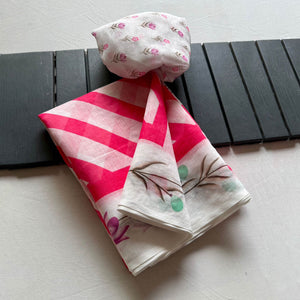 Stylish Pink Digital Striped Printed Linen Saree With Delicate Floral Designs