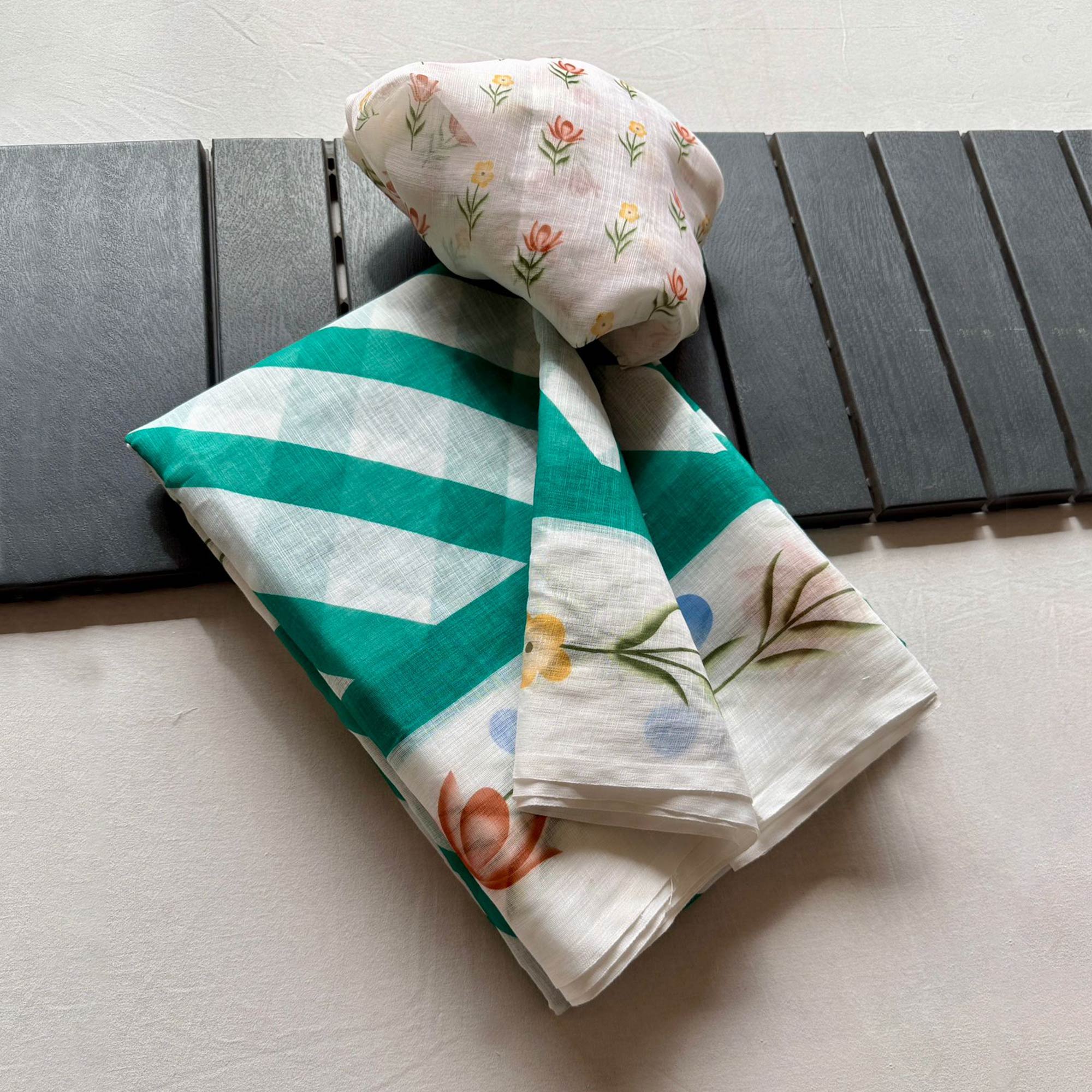 Stylish Turquoise Digital Striped Printed Linen Saree With Delicate Floral Designs