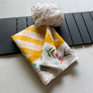 Stylish Yellow Digital Striped Printed Linen Saree With Delicate Floral Designs