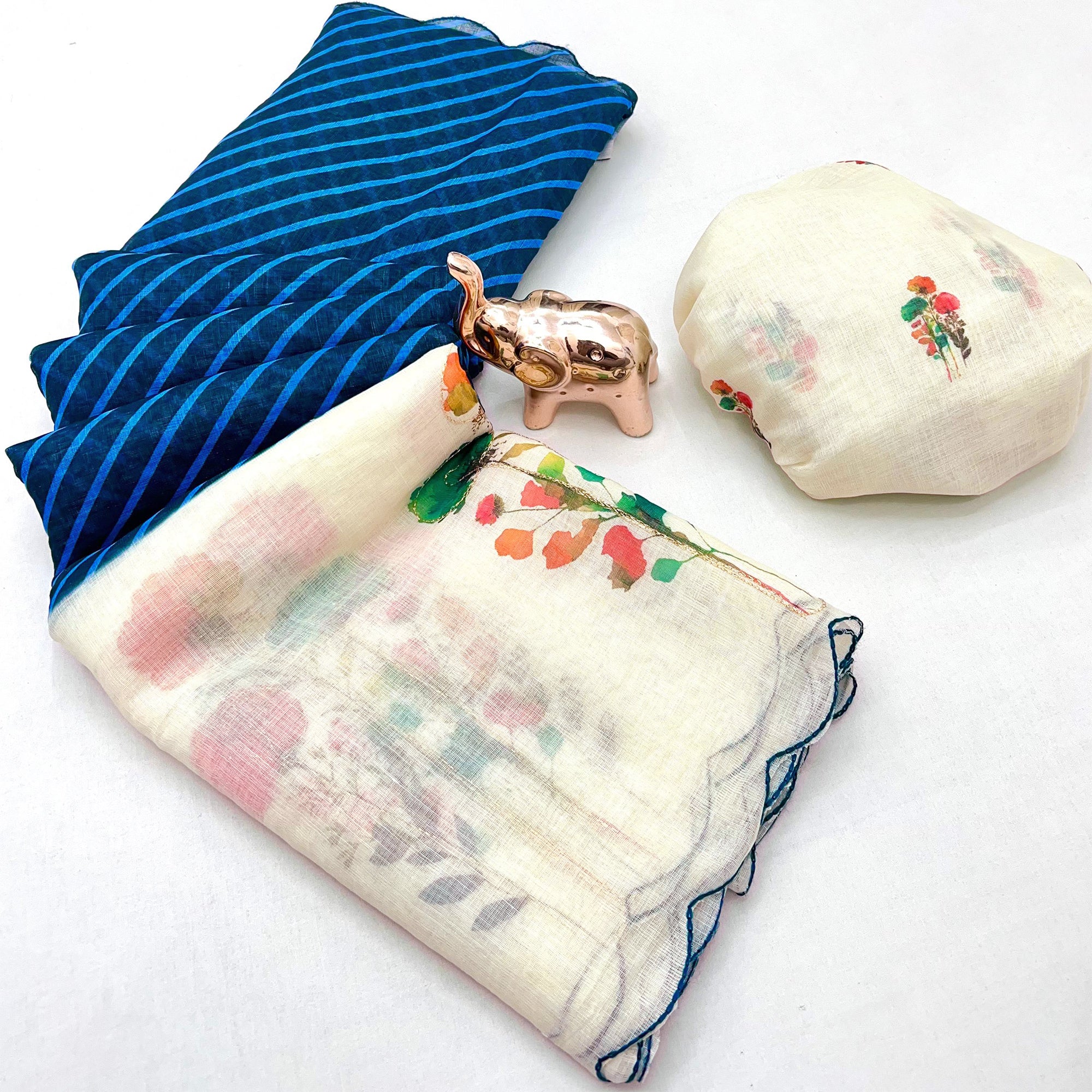 Sophisticated Blue Floral & Striped Digital Printed Linen Saree With Artistic Cutwork Border