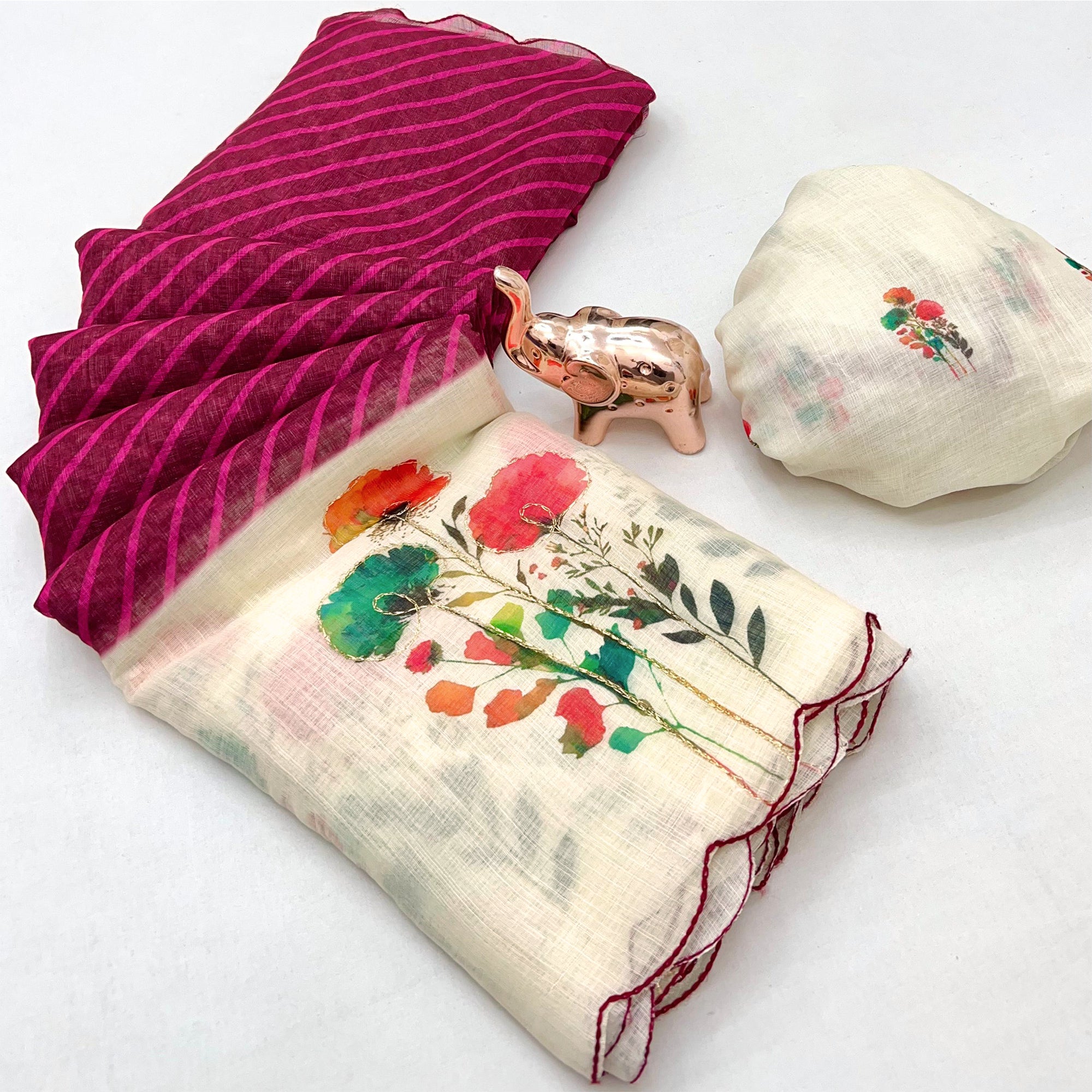 Sophisticated Maroon Floral & Striped Digital Printed Linen Saree With Artistic Cutwork Border