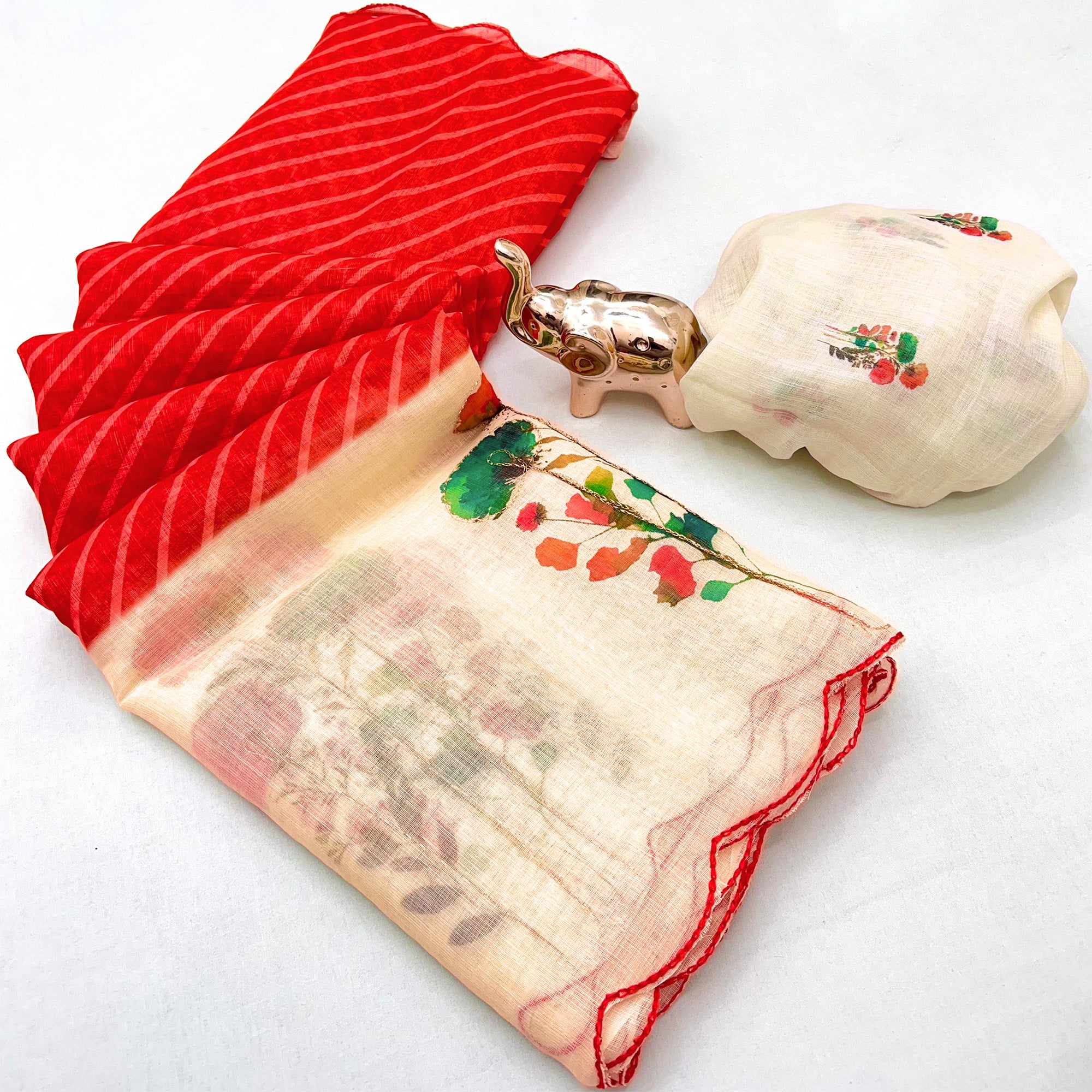 Sophisticated Red Floral & Striped Digital Printed Linen Saree With Artistic Cutwork Border