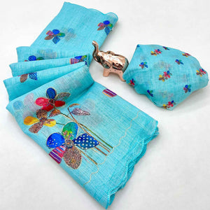 Blue Linen Saree Featuring Floral Digital Print With Zari Outline & Cutwork Border