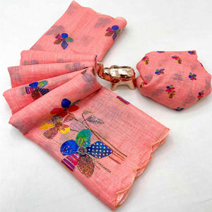 Coral Pink Linen Saree Featuring Floral Digital Print With Zari Outline & Cutwork Border
