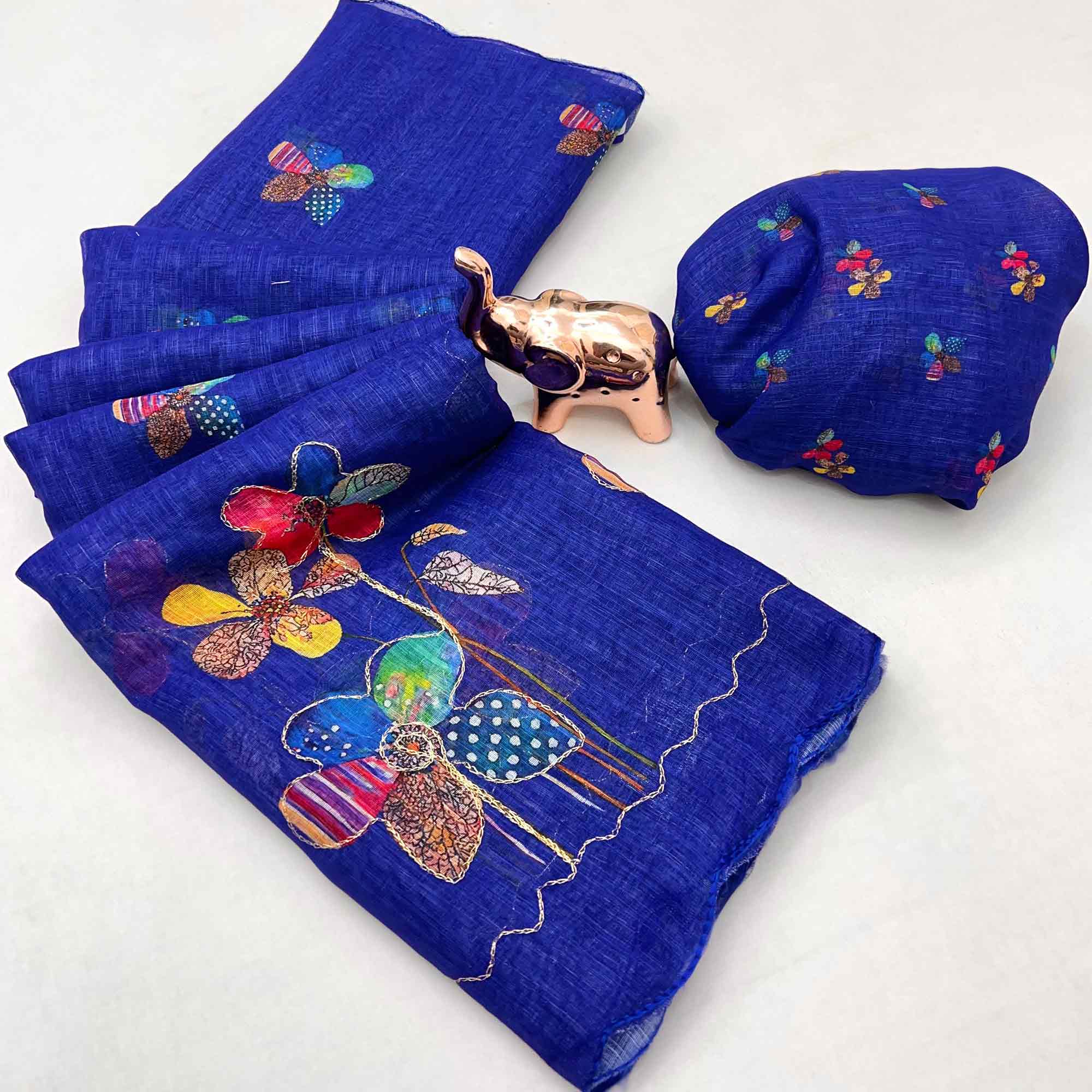 Royal Blue Linen Saree Featuring Floral Digital Print With Zari Outline & Cutwork Border