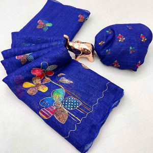 Royal Blue Linen Saree Featuring Floral Digital Print With Zari Outline & Cutwork Border