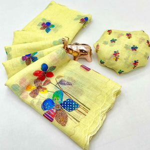 Yellow Linen Saree Featuring Floral Digital Print With Zari Outline & Cutwork Border