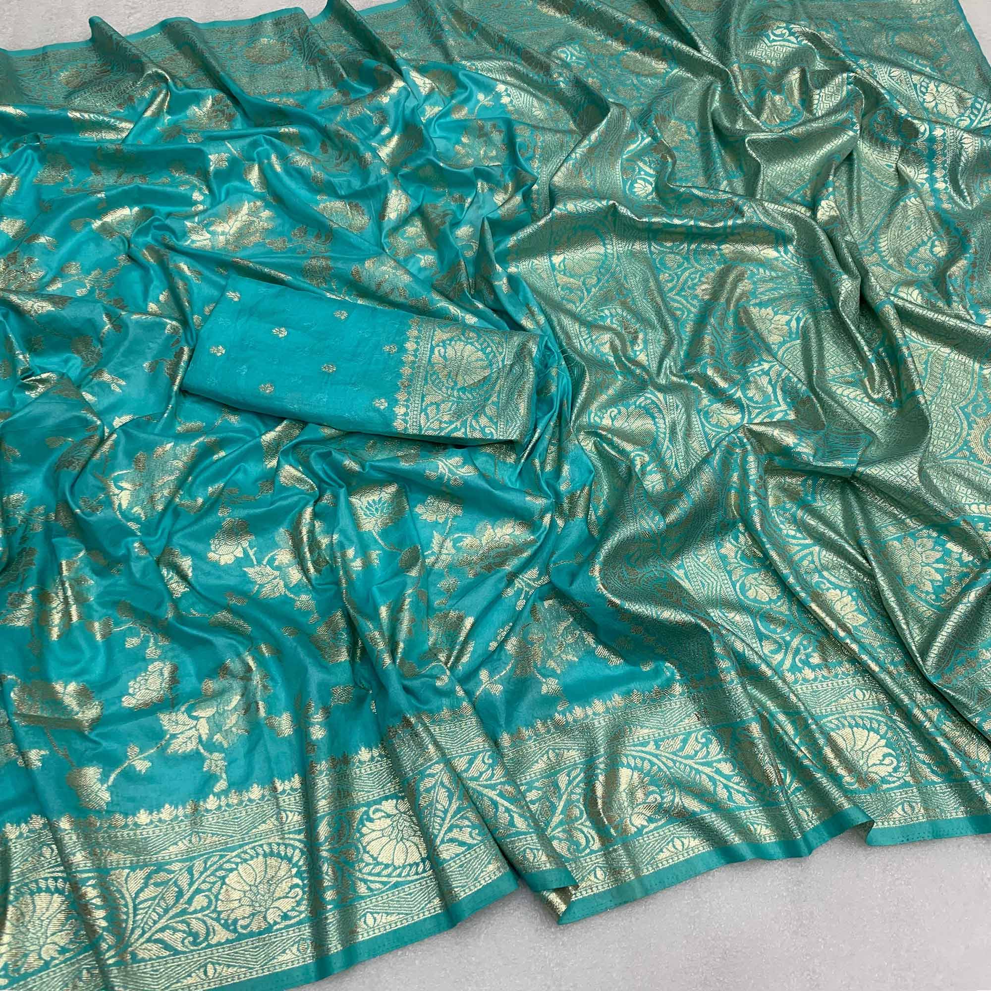 Turquoise Zari Woven Dola Silk Saree