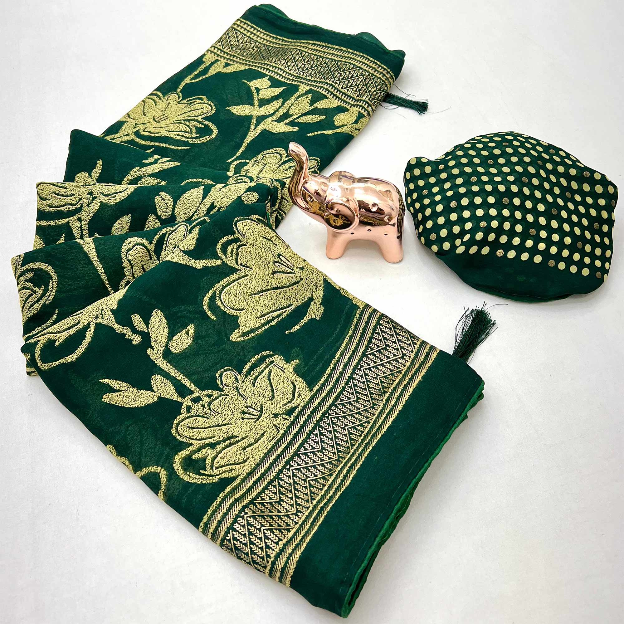Green Toned Georgette Saree With Intricate Mill Print & Gleaming Floral Foil Embellishments
