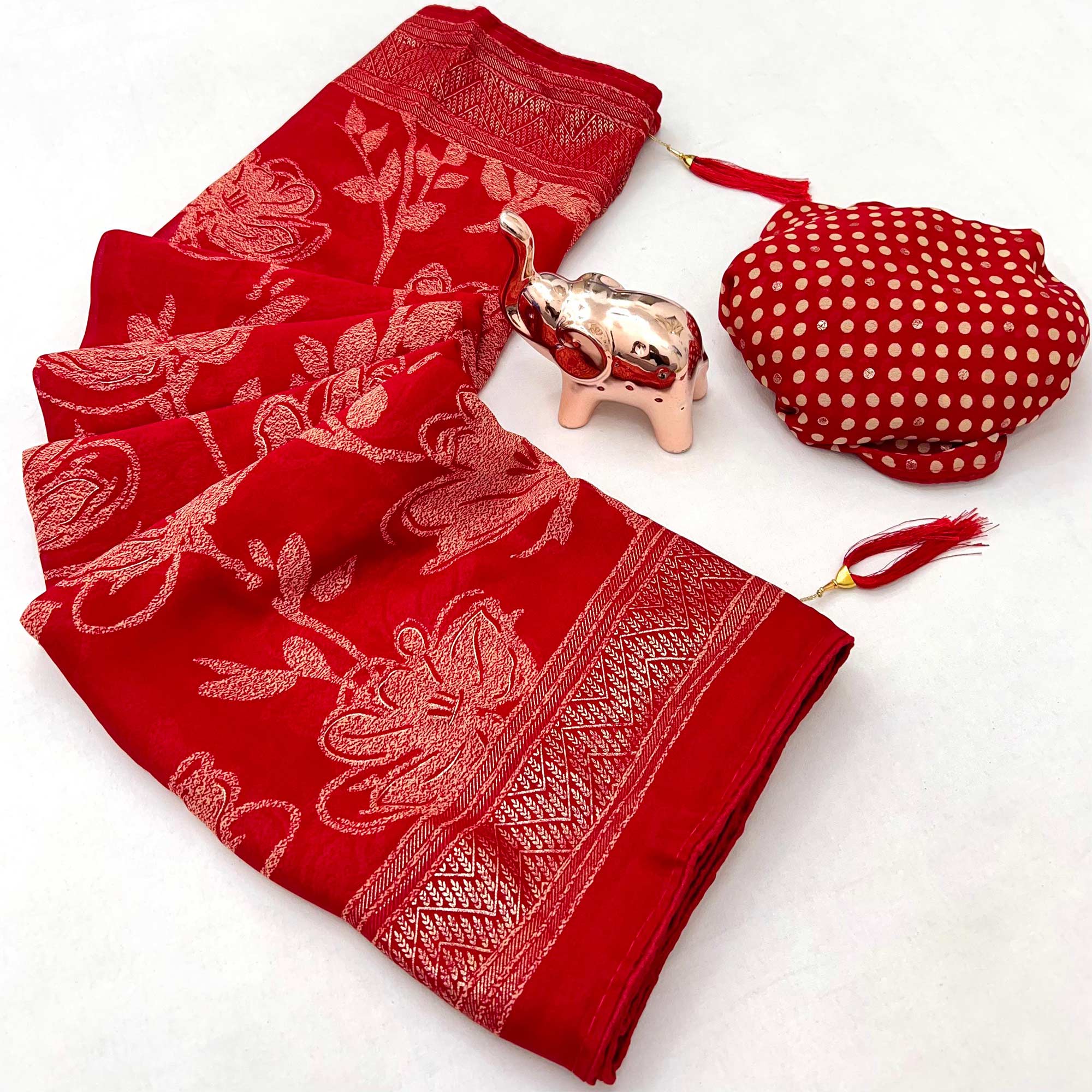 Red Toned Georgette Saree With Intricate Mill Print & Gleaming Floral Foil Embellishments
