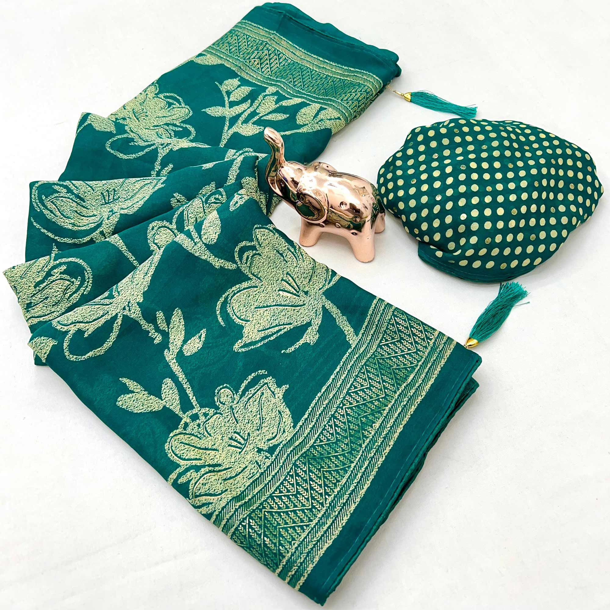 Teal Toned Georgette Saree With Intricate Mill Print & Gleaming Floral Foil Embellishments