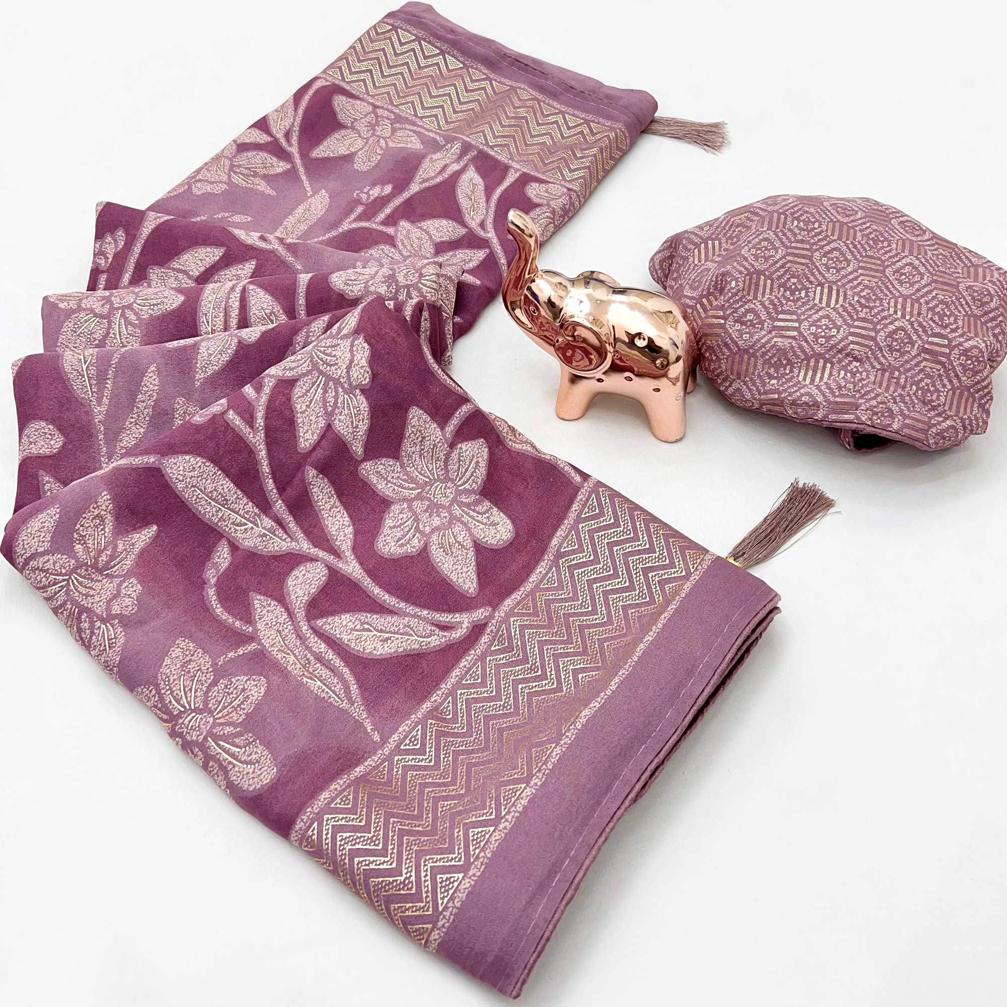 Timeless Heather Mauve Georgette Drape Adorned with All-over Floral Foil and Mill Print Detailing
