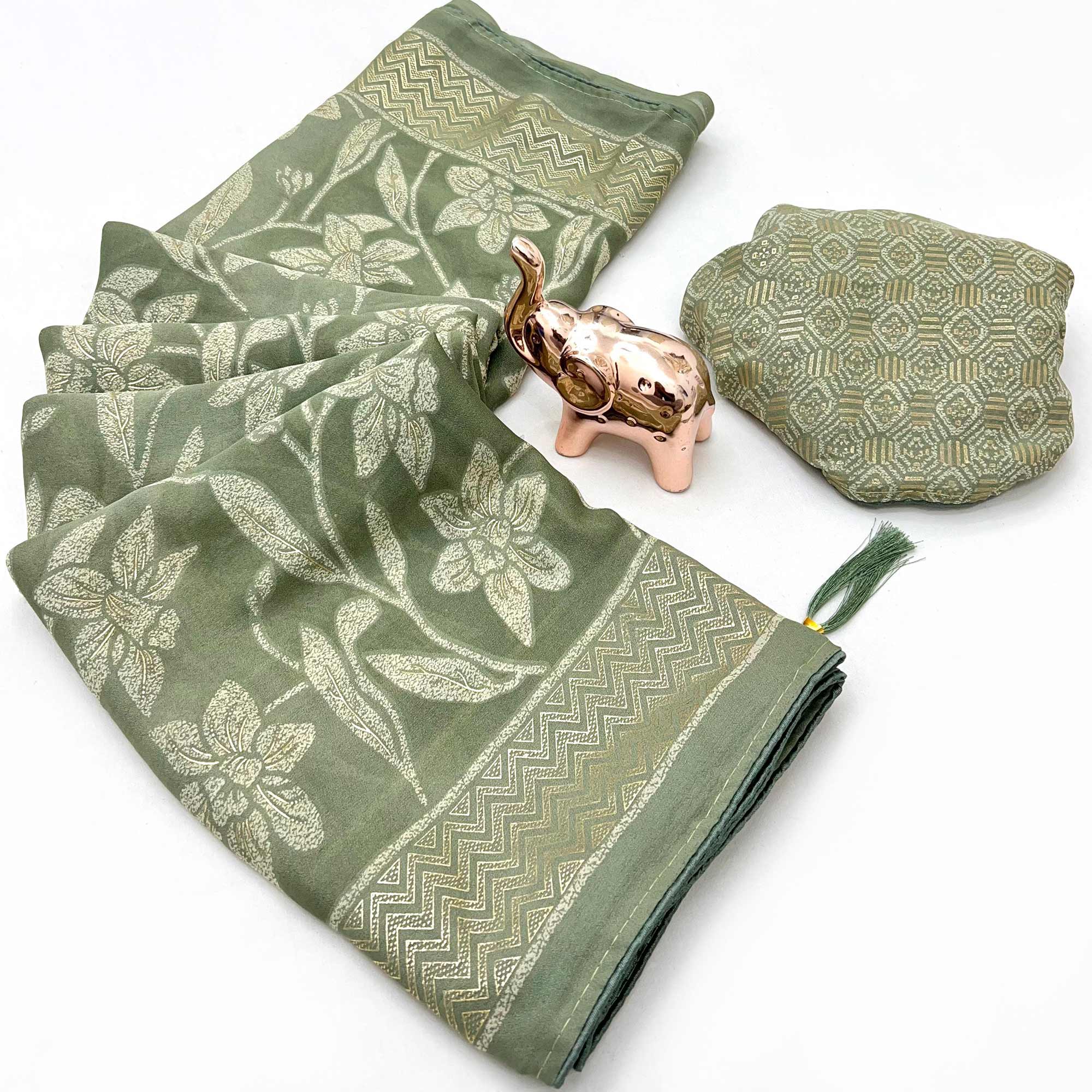 Timeless Sage Green Georgette Drape Adorned with All-over Floral Foil and Mill Print Detailing