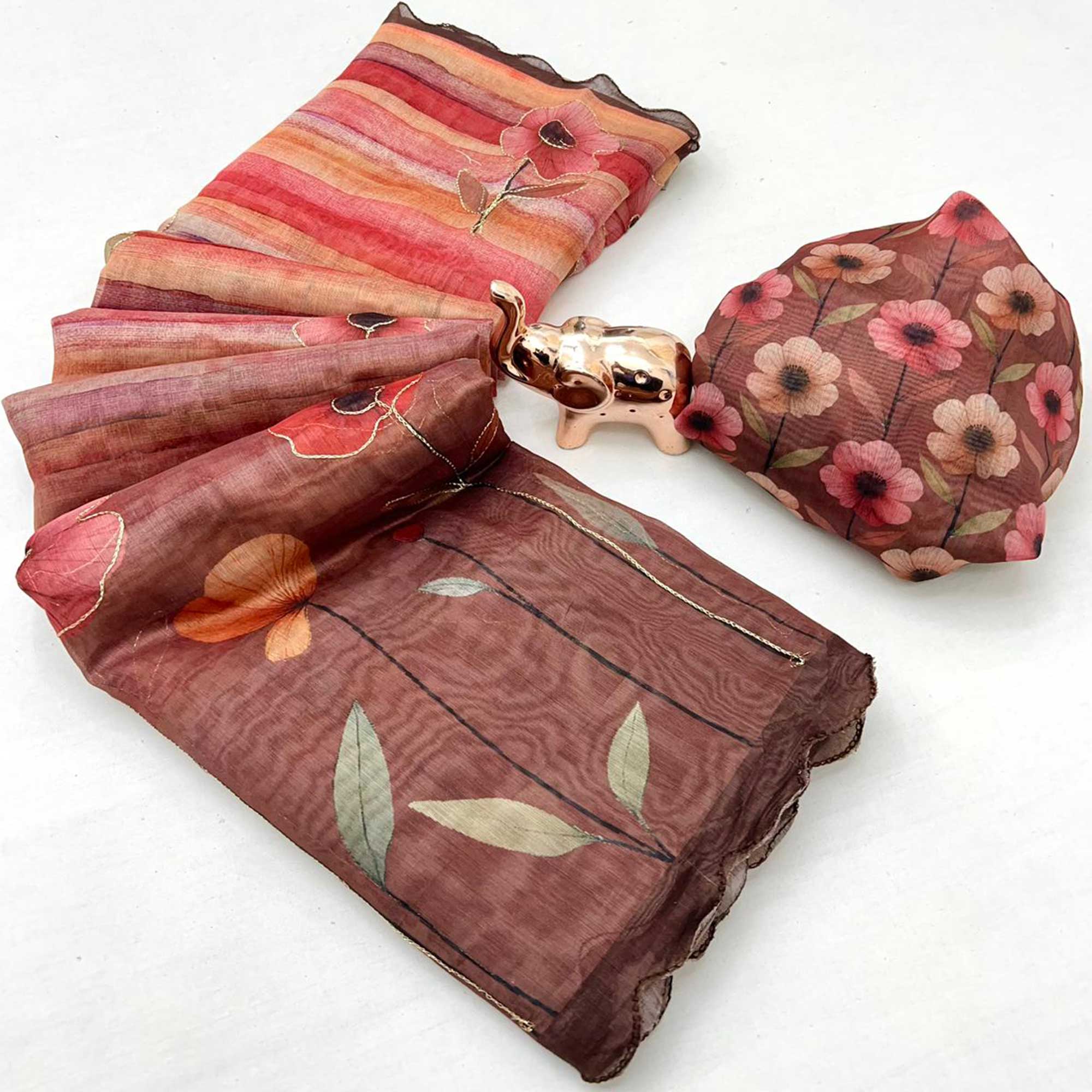 Brown Chanderi Cotton Saree Featuring Floral Print Design and Artistic Embroidered Work