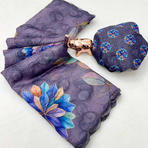 Lavender Chanderi Cotton Saree Adorned with Floral Prints and Fine Embroidery for Traditional Look