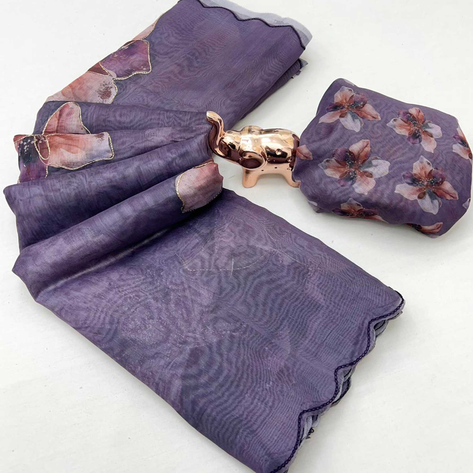 Lavender Floral Printed Chanderi Cotton Embroidered Saree Perfect for Festive