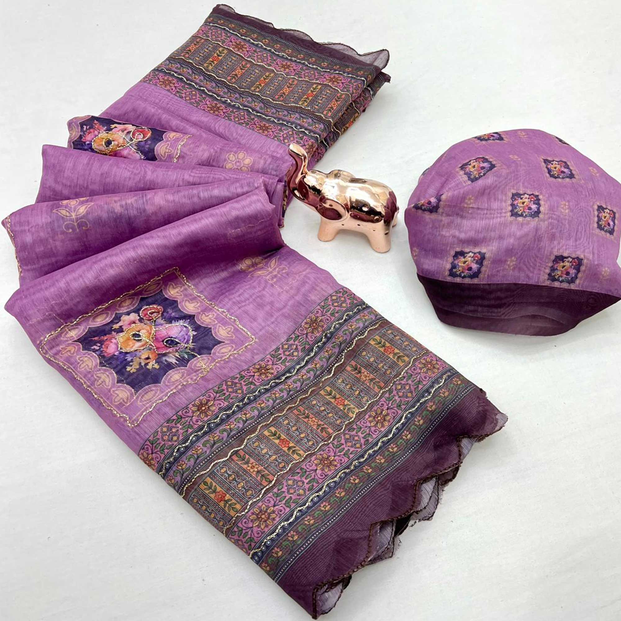 Purple Floral Printed Chanderi Cotton Embroidered Saree Perfect for Festive