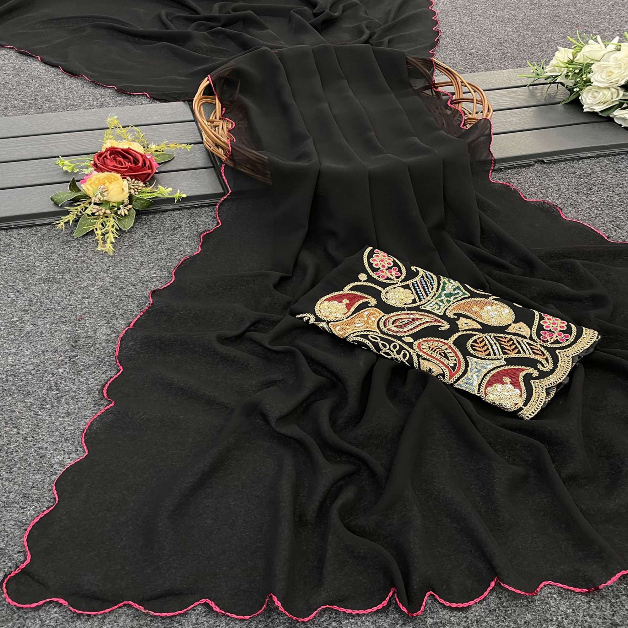 Black Solid Georgette Saree With Embroidered Border