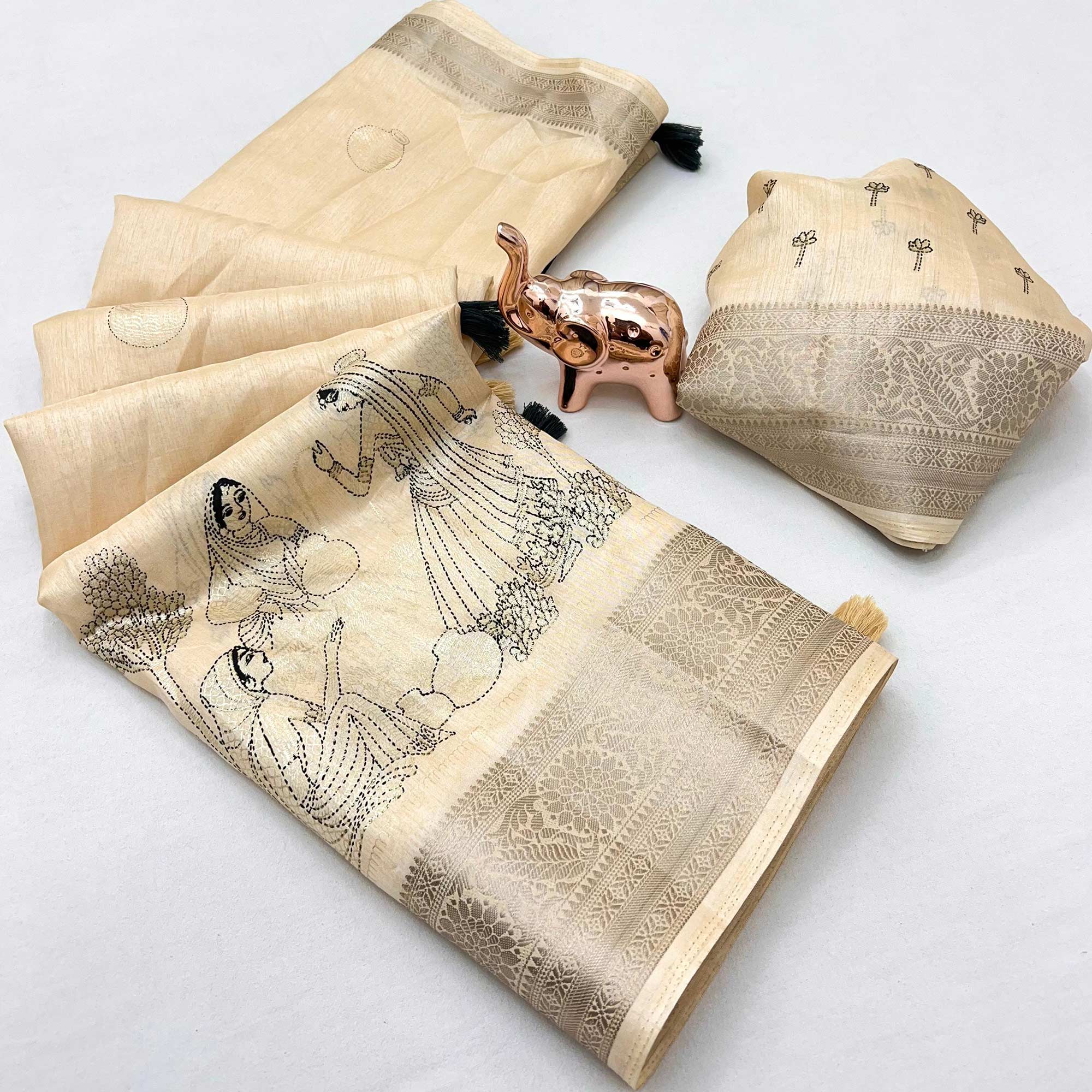 Traditional Print With Weaving Dola Silk Saree in Soft Cream Hue