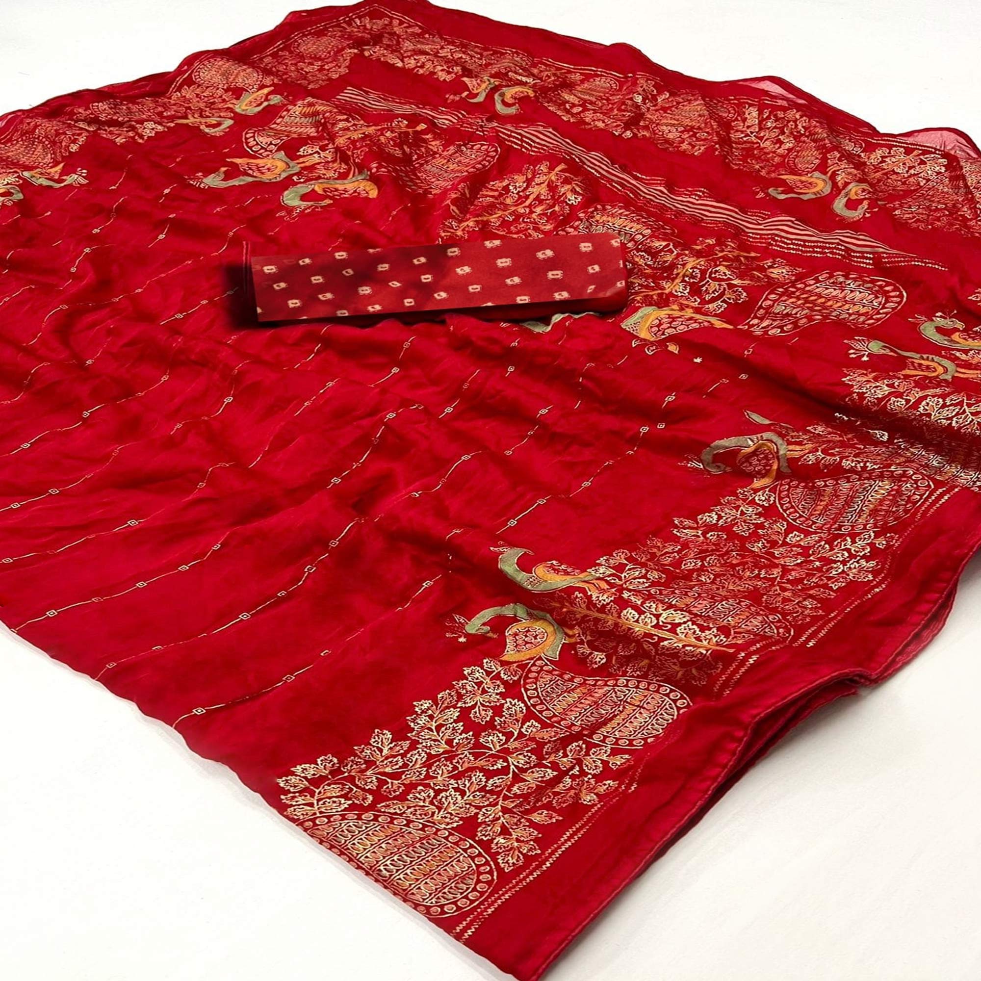 Red Floral Foil Printed Georgette Saree