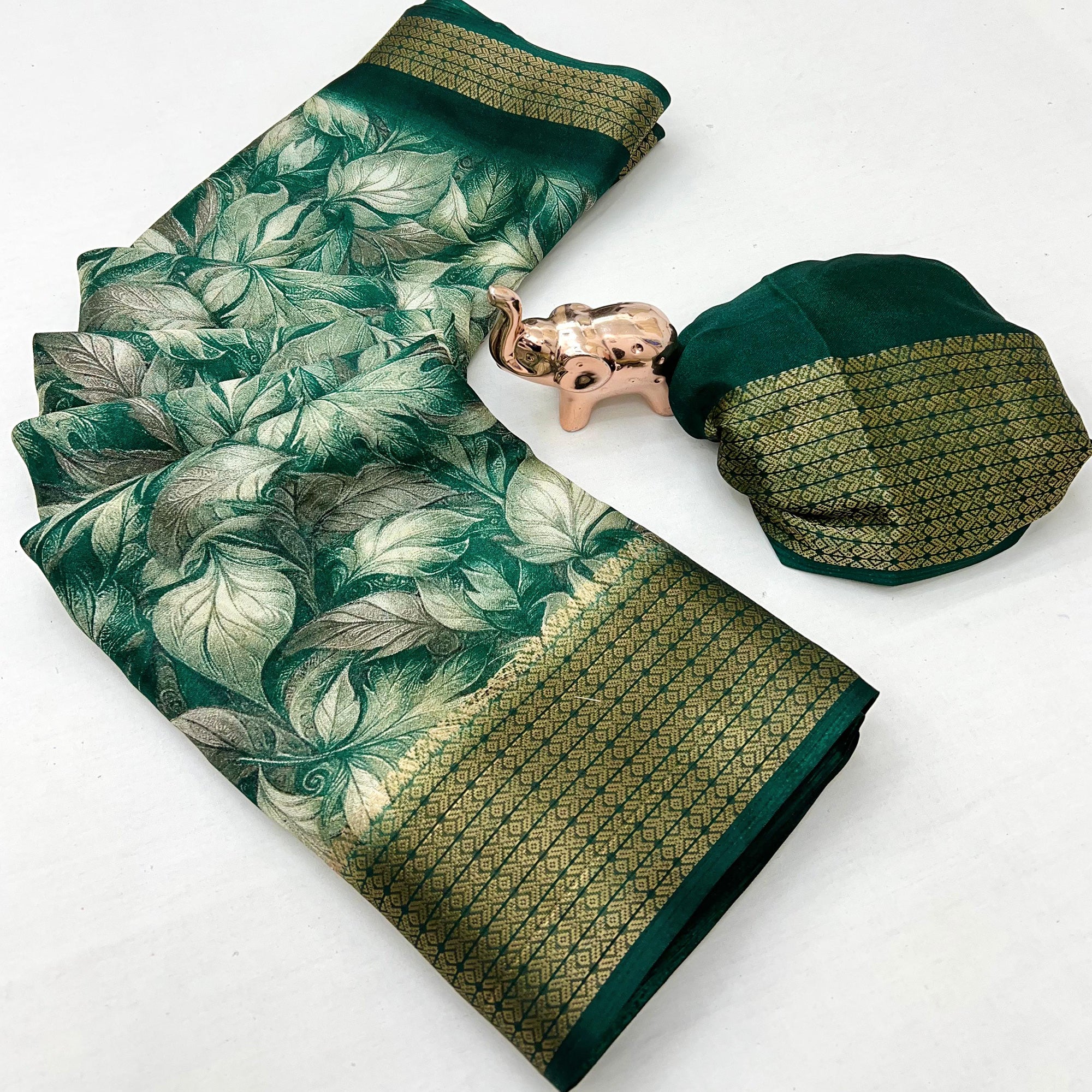 Green Leaf Printed Dola Silk Marshmallow Saree With Paisley Jaal Pallu & Lustrous Weaving Border