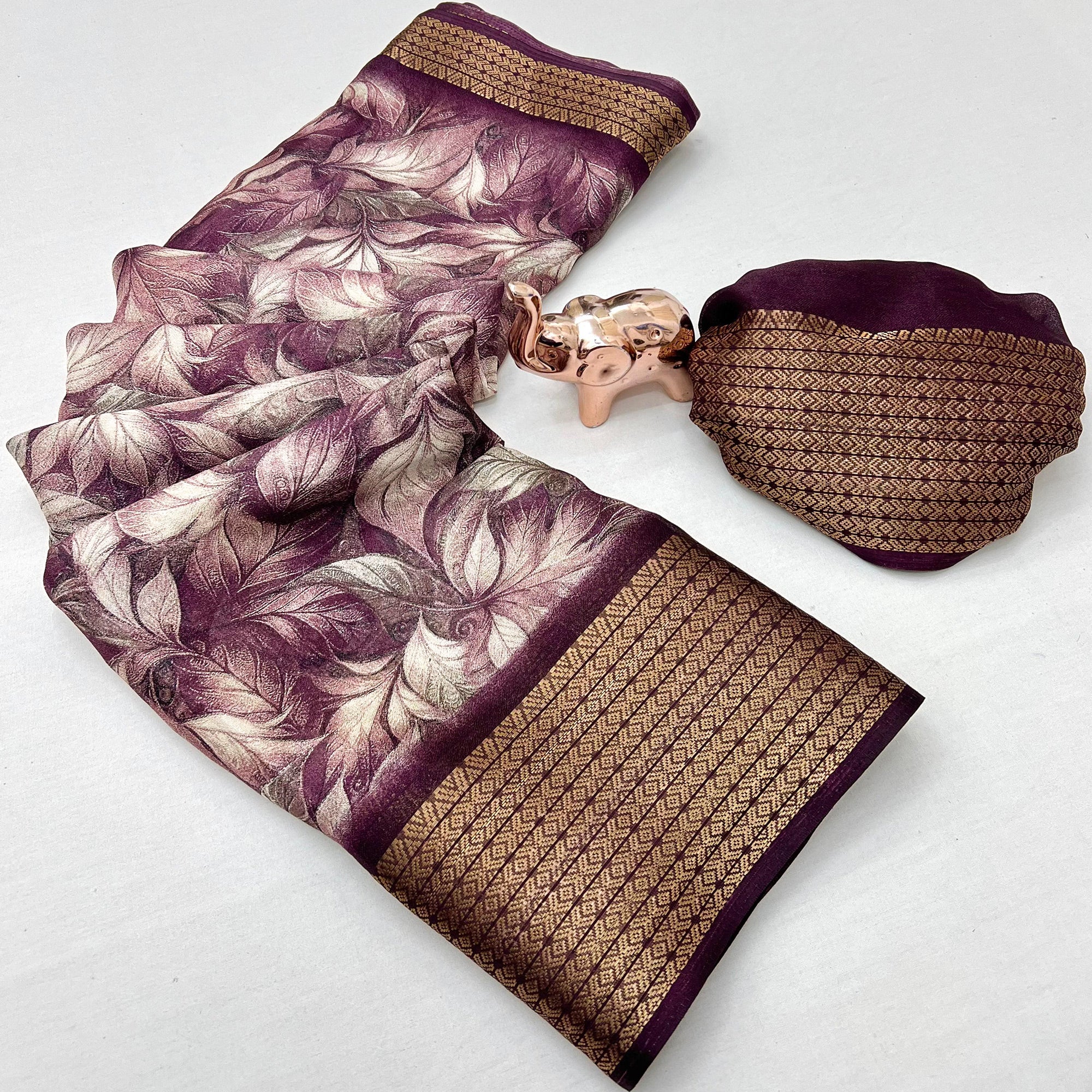 Wine Leaf Printed Dola Silk Marshmallow Saree With Paisley Jaal Pallu & Lustrous Weaving Border