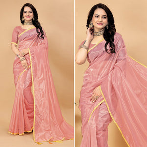 Peach Solid Nylon Saree With Lace Border
