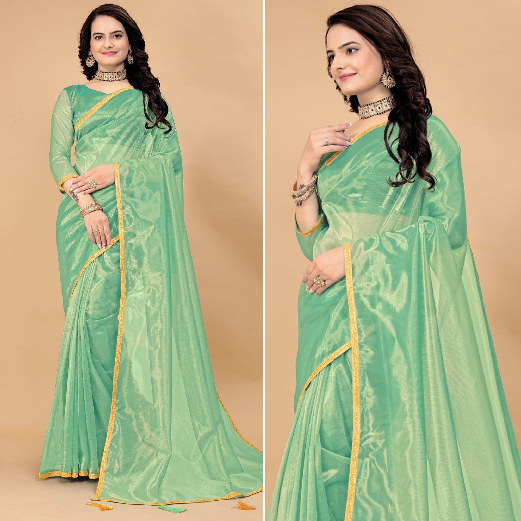 Sea Green Solid Nylon Saree With Lace Border