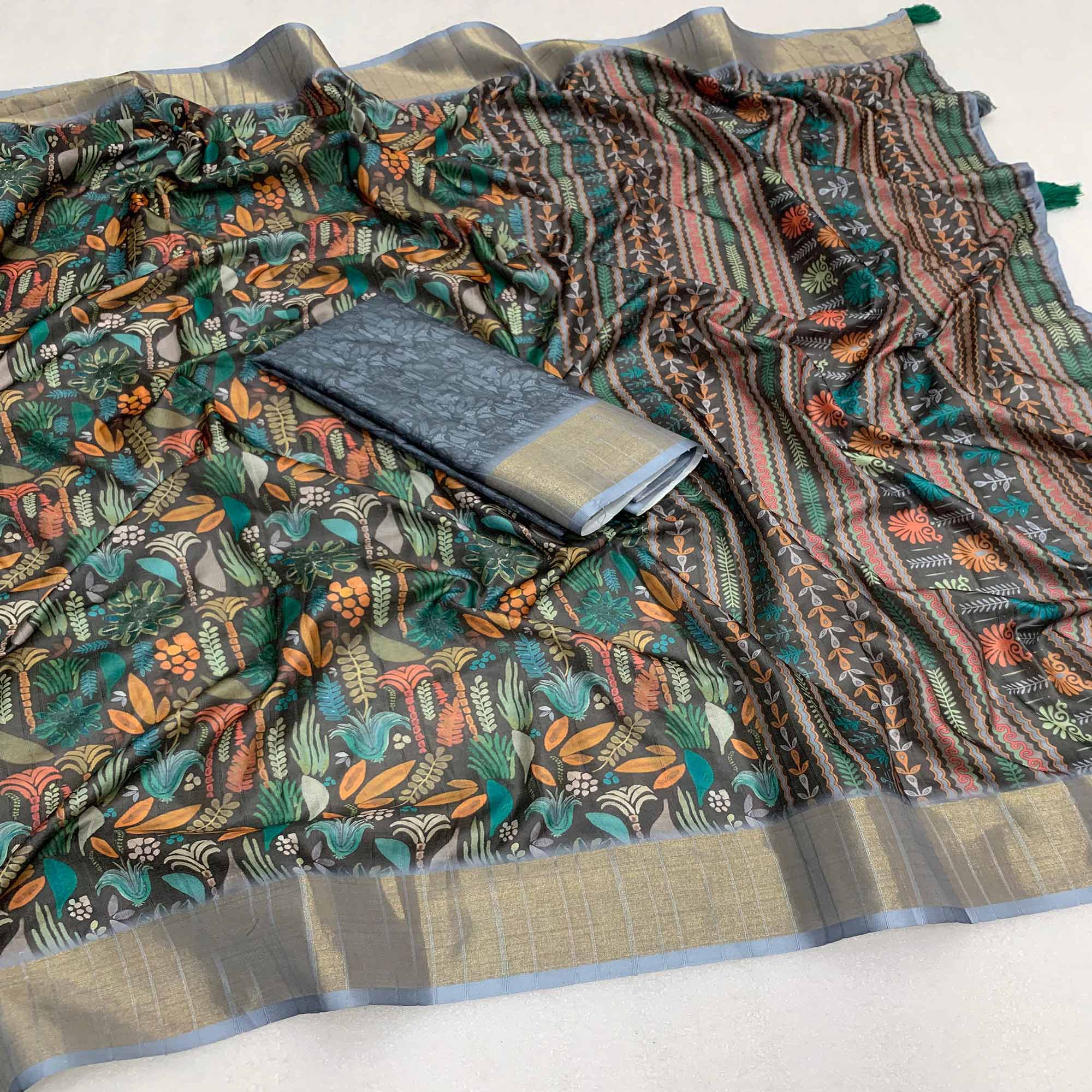 Black Digital Printed Tussar Silk Saree