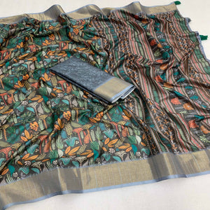 Black Digital Printed Tussar Silk Saree