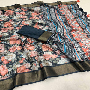 Blue Digital Printed Tussar Silk Saree