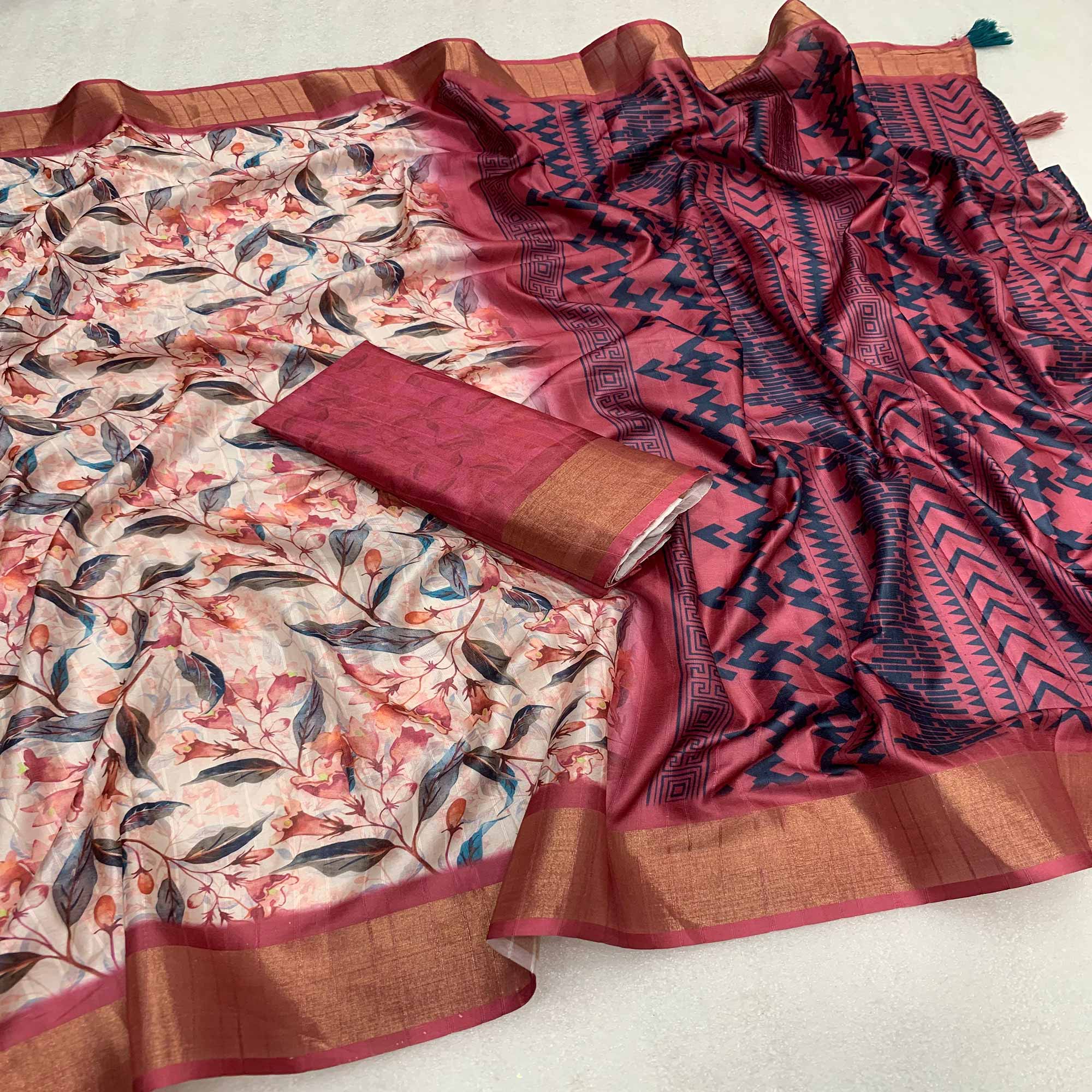 Cream Digital Printed Tussar Silk Saree