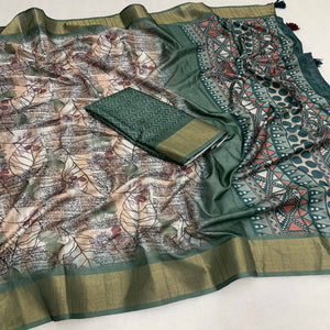 Green Digital Printed Tussar Silk Saree