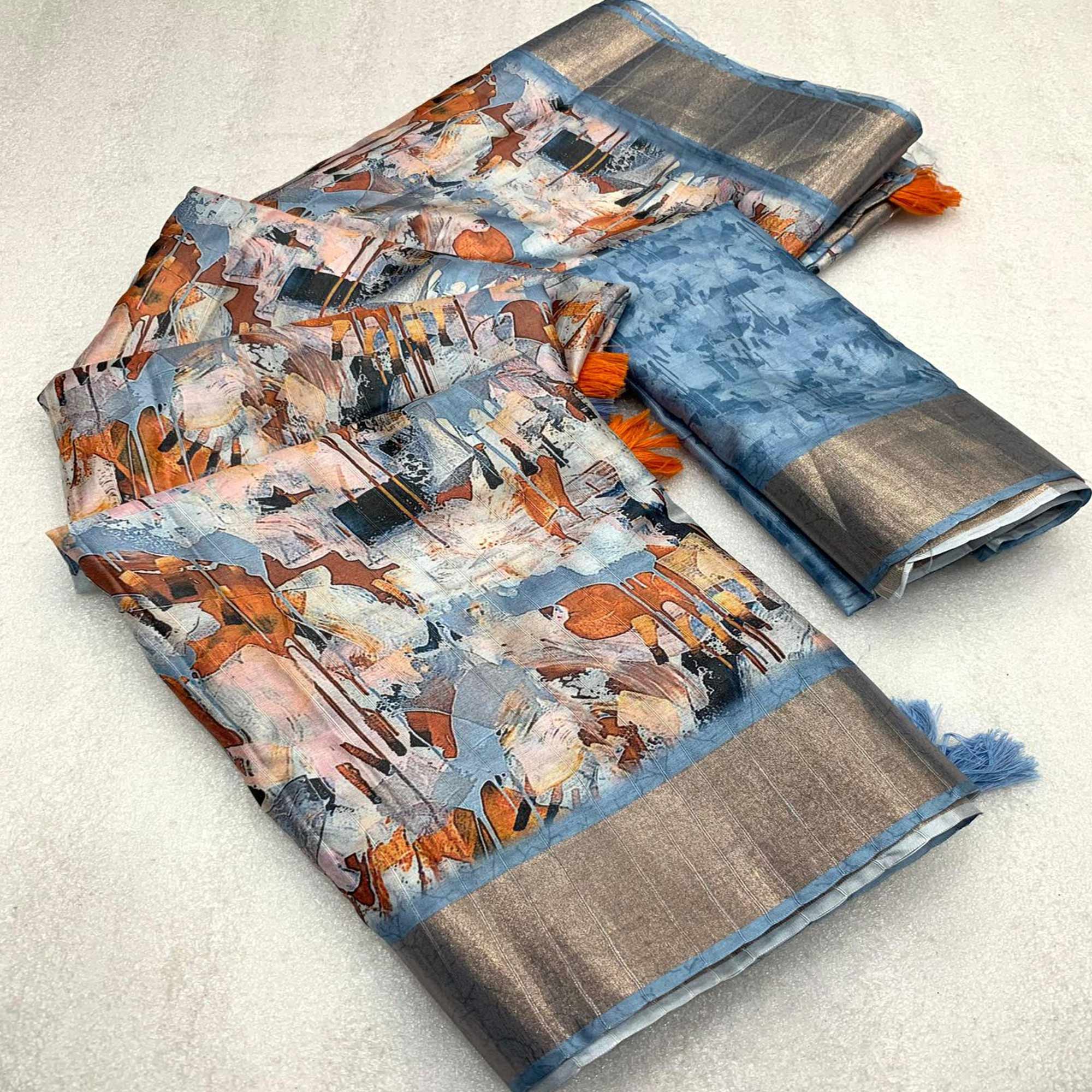 Grey Digital Printed Tussar Silk Saree