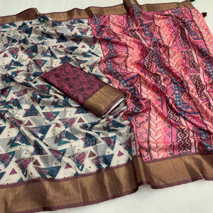 Off White Digital Printed Tussar Silk Saree