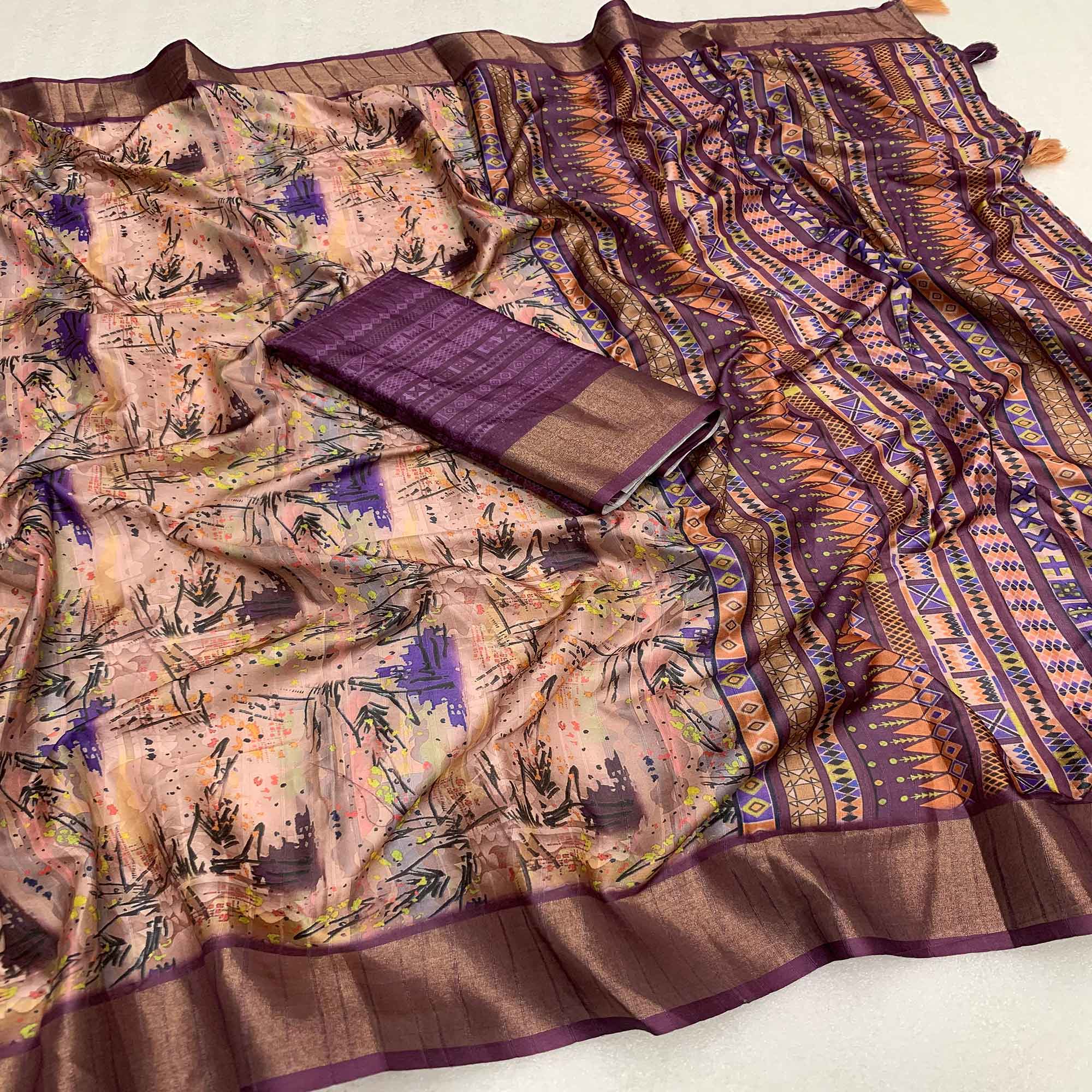 Purple Digital Printed Tussar Silk Saree