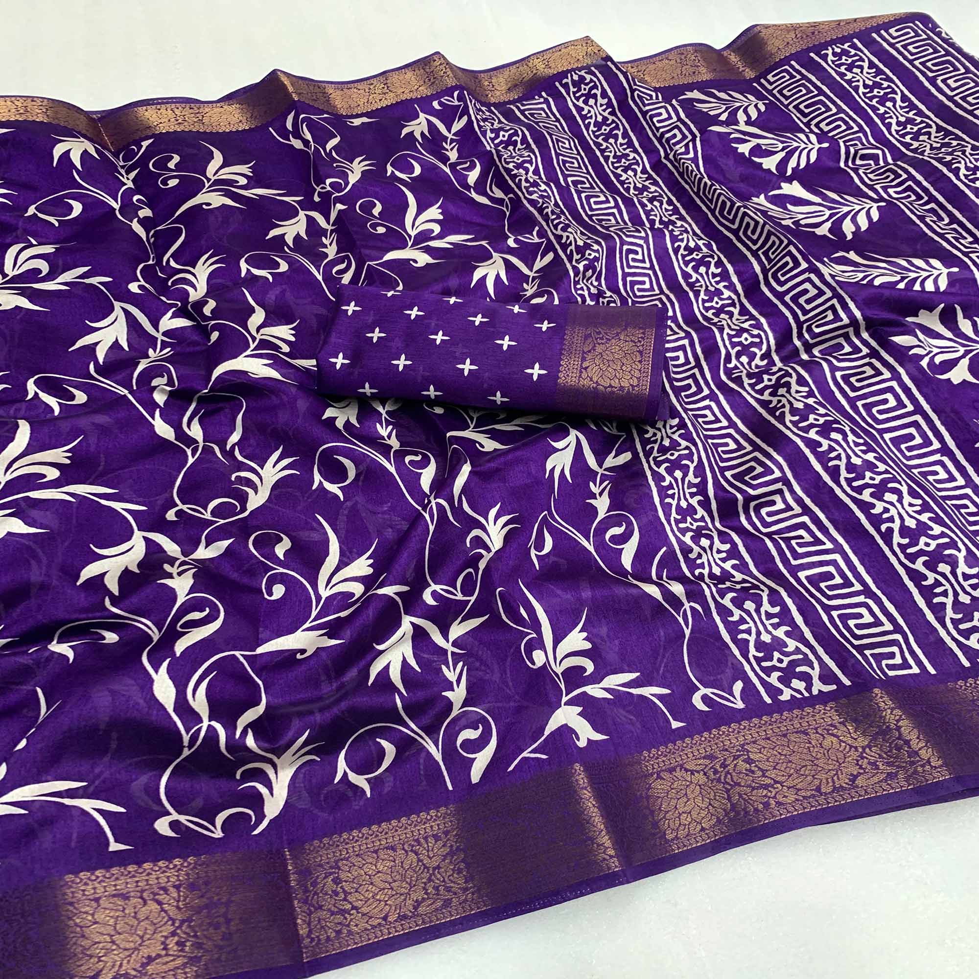 Violet Printed Cotton Silk Saree