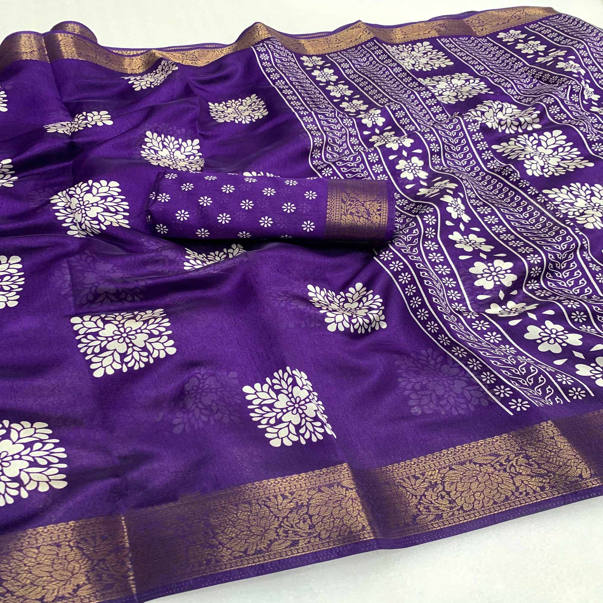 Violet Printed Cotton Silk Saree