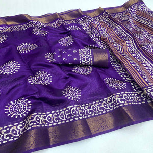 Violet Printed Cotton Silk Saree