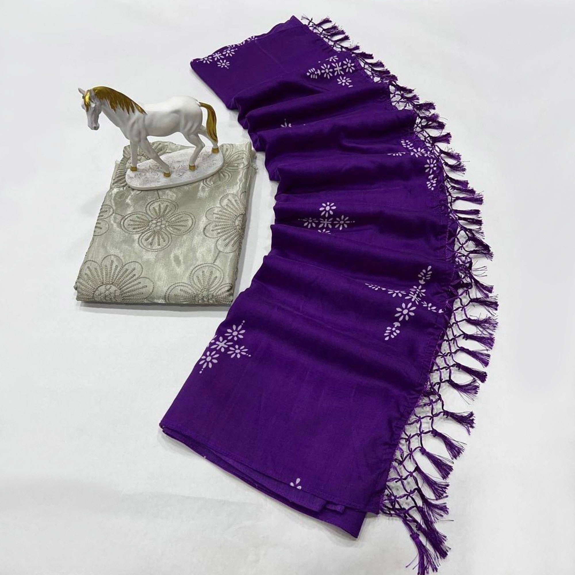 Violet Floral Printed Muslin Saree With Tassels