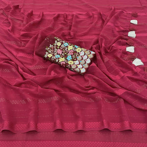 Maroon Woven Georgette Saree With Tassels