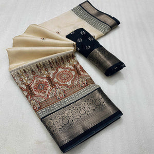 Beige & Black Printed Cotton Silk Saree With Exquisite Zari Woven Border