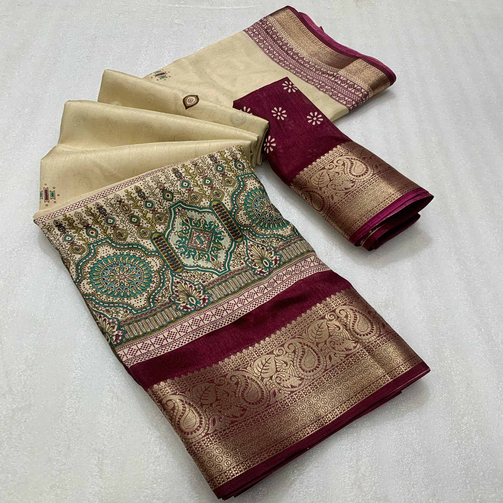 Beige & Wine Printed Cotton Silk Saree With Exquisite Zari Woven Border