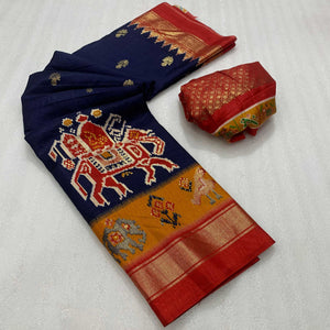 Navy Blue Patola Printed Dola Silk Saree