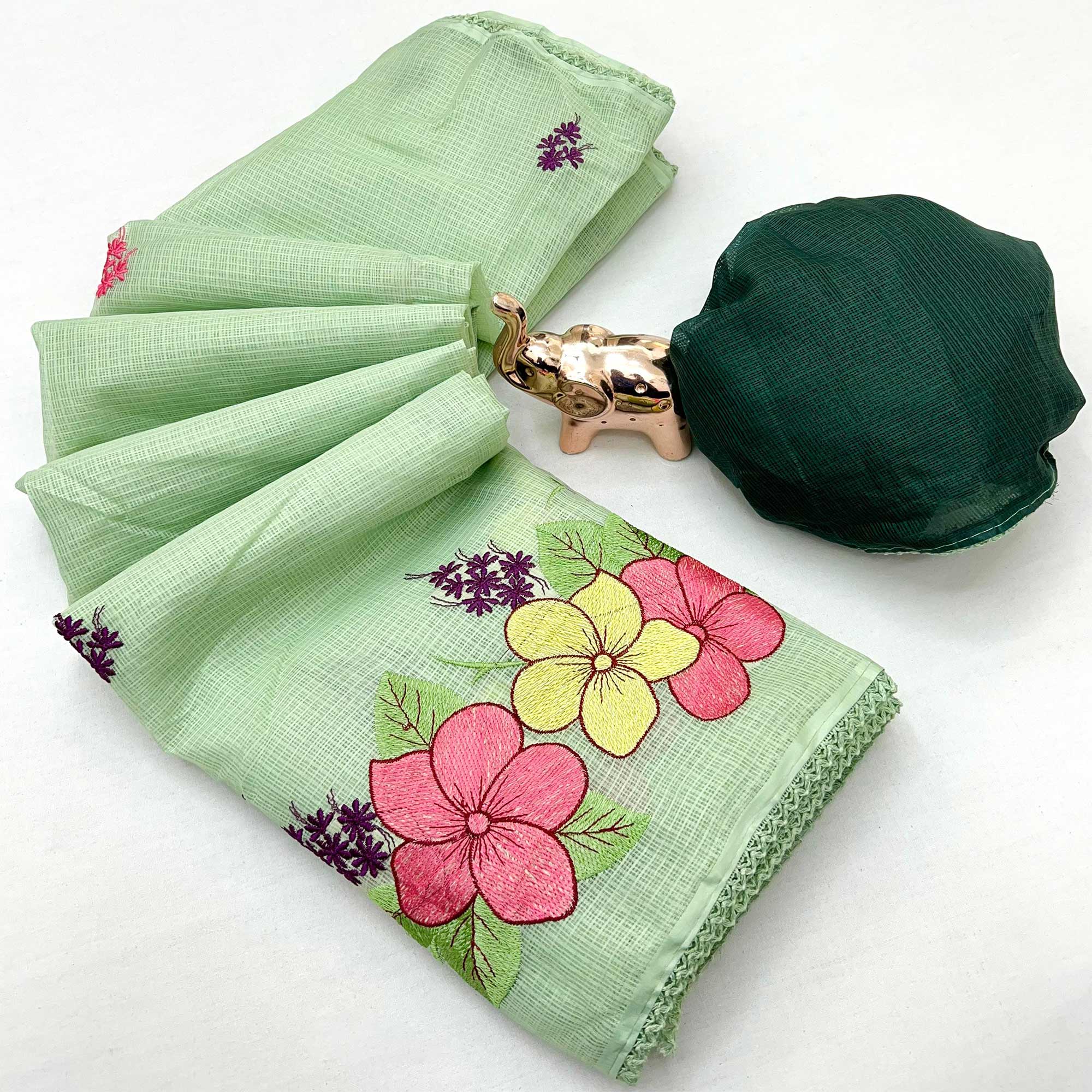 Elegant Green Kota Doria Saree with Detailed Floral Thread Work & Premium Crochet Lace Border