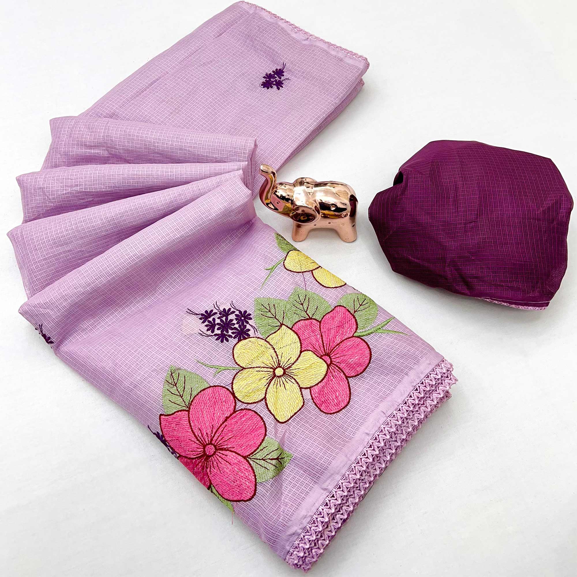 Elegant Lavender Kota Doria Saree with Detailed Floral Thread Work & Premium Crochet Lace Border