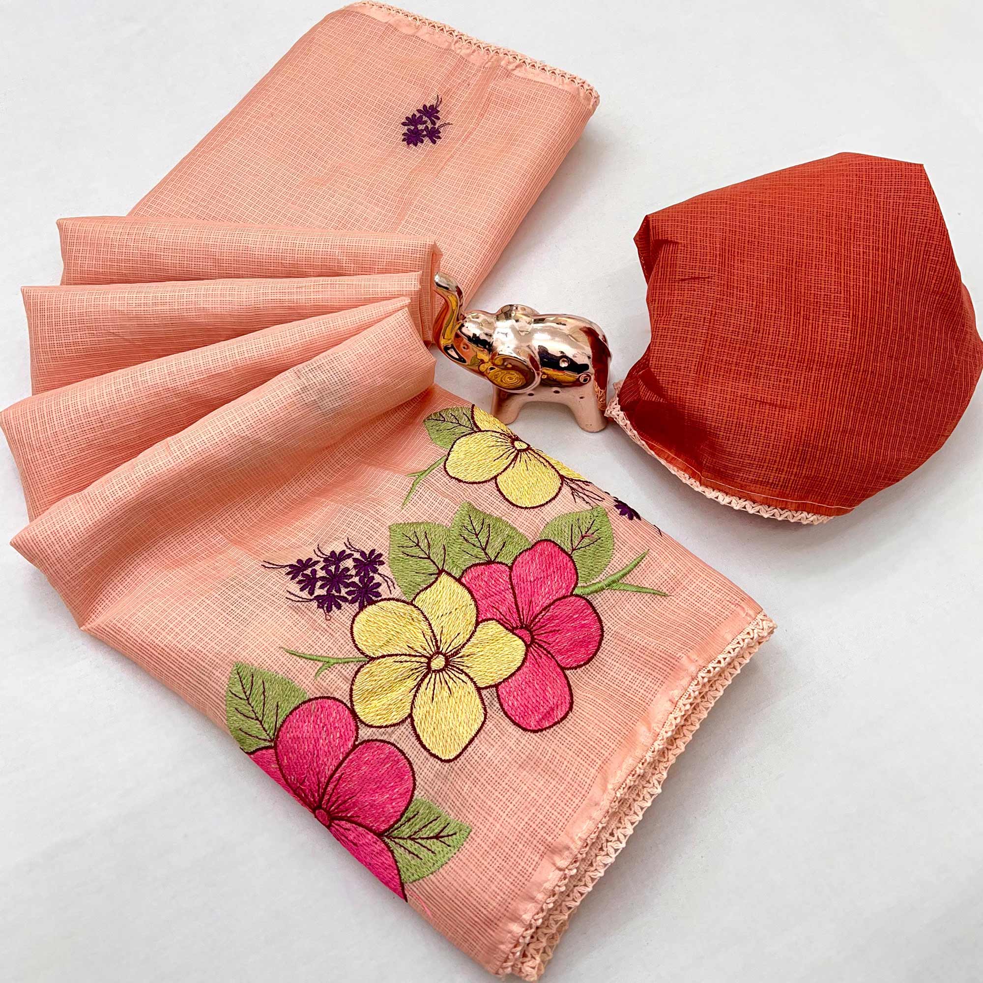 Elegant Peach Kota Doria Saree with Detailed Floral Thread Work & Premium Crochet Lace Border