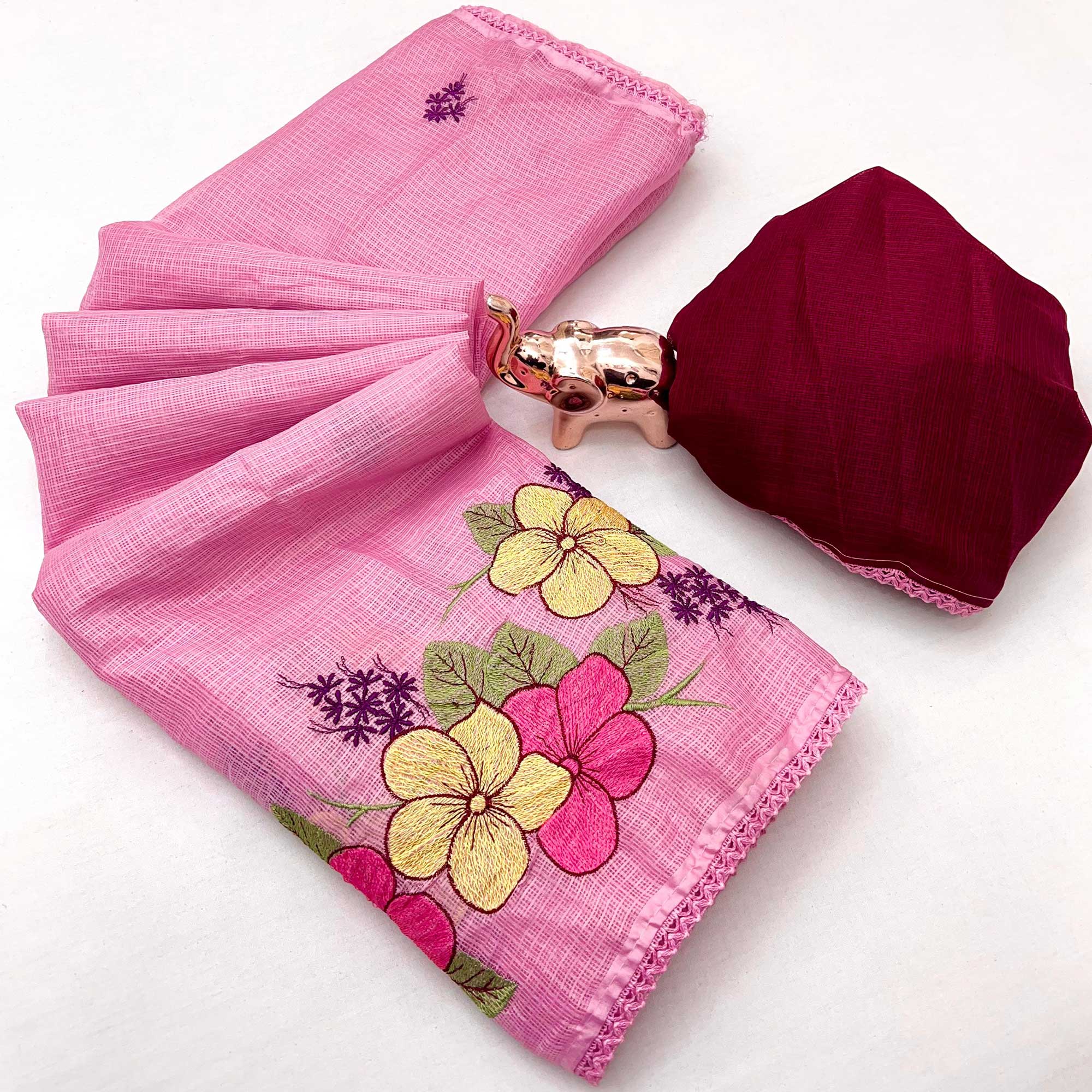 Elegant Pink Kota Doria Saree with Detailed Floral Thread Work & Premium Crochet Lace Border